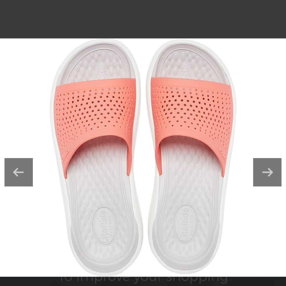CROCS Women’s Coral Pink and White Slide Sandals
